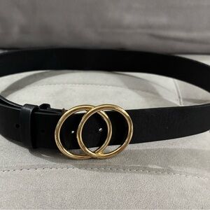 Classic Black Leather Belt with Gold Double Ring Buckle